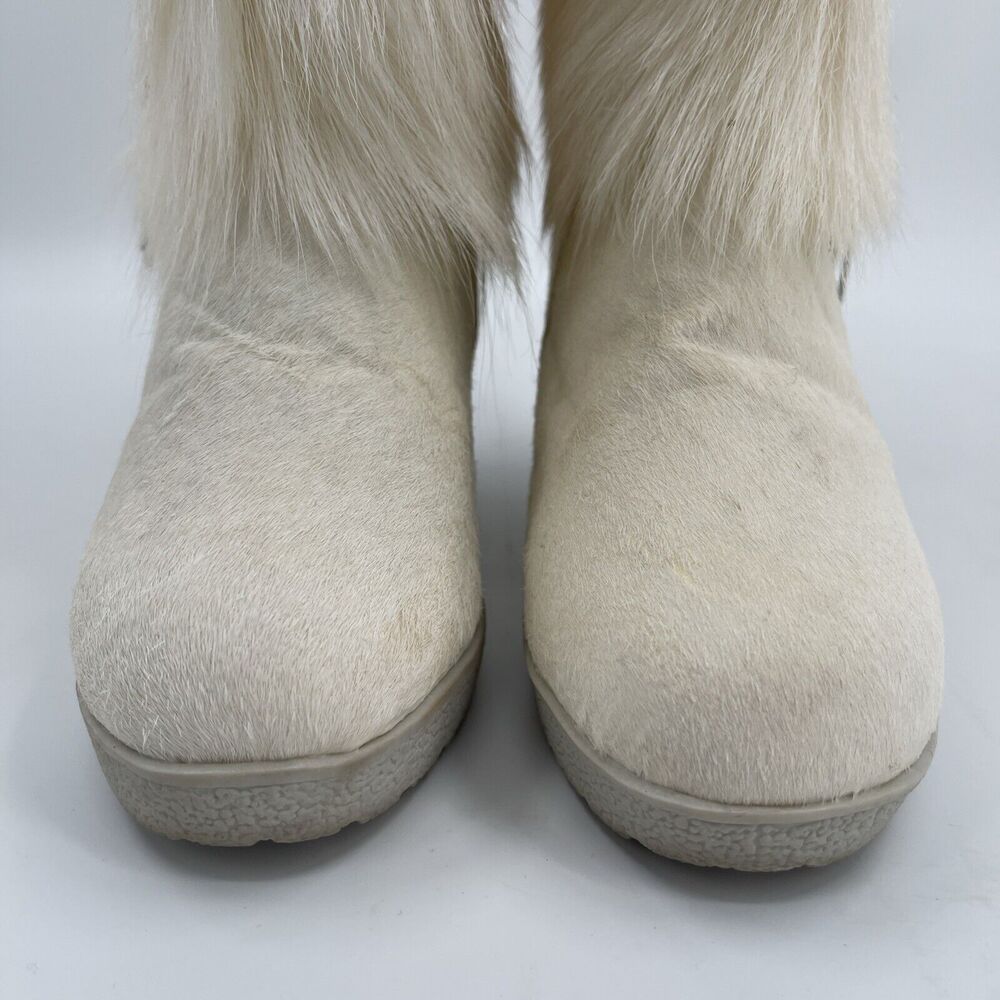 Bearpaw Wedge Goat Fur Winter Boots Womens 5 White Feathers - Picture 5 of 9